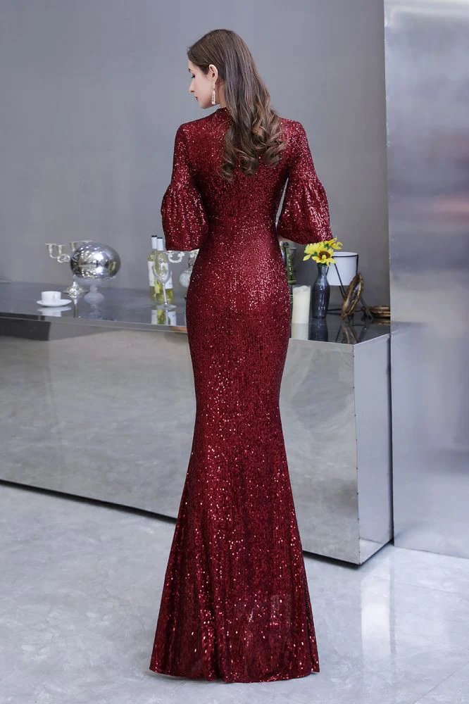 Glittering Half Sleeves Keyhole Mermaid Long Burgundy Prom Party Gowns - Image 2