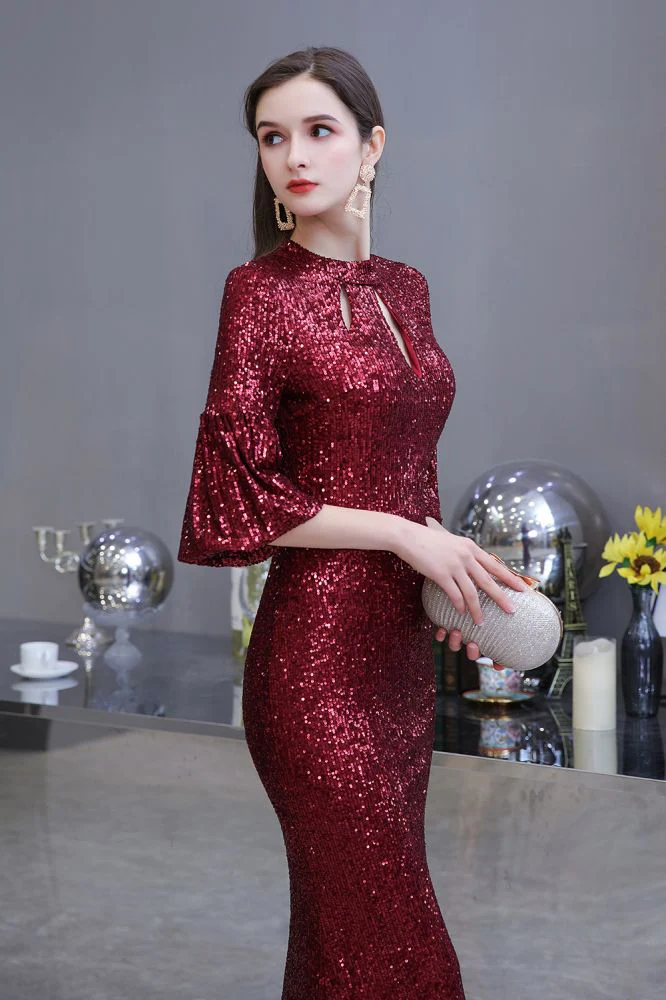 Glittering Half Sleeves Keyhole Mermaid Long Burgundy Prom Party Gowns - Image 3