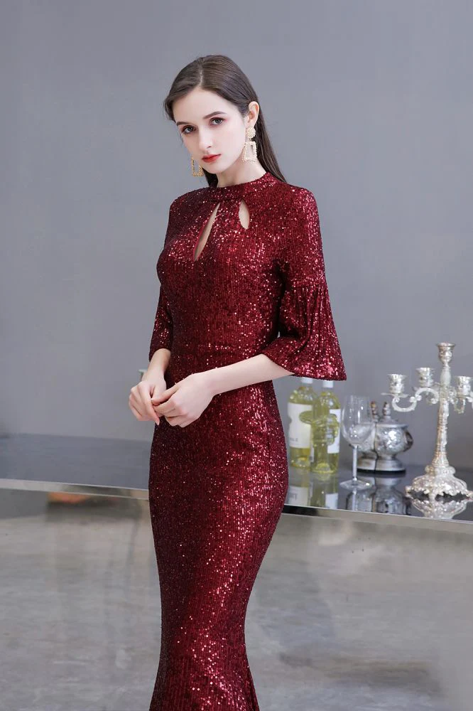 Glittering Half Sleeves Keyhole Mermaid Long Burgundy Prom Party Gowns - Image 4