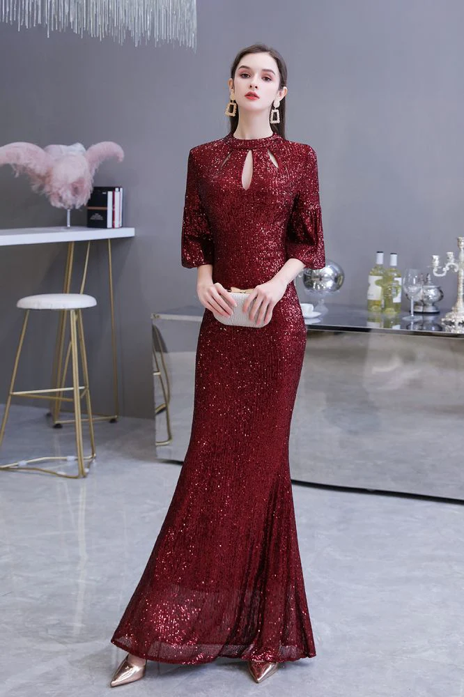 Glittering Half Sleeves Keyhole Mermaid Long Burgundy Prom Party Gowns - Image 5