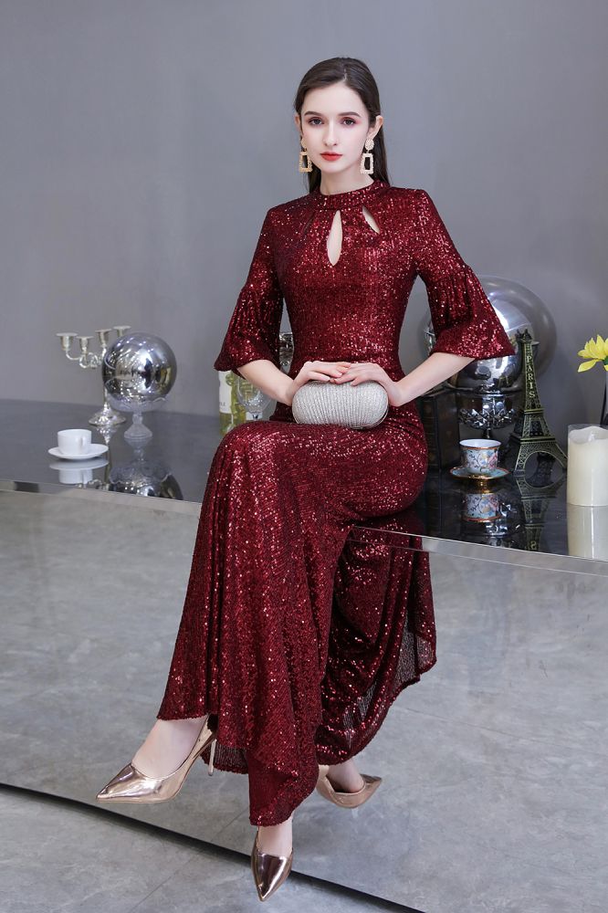 Glittering Half Sleeves Keyhole Mermaid Long Burgundy Prom Party Gowns - Image 6