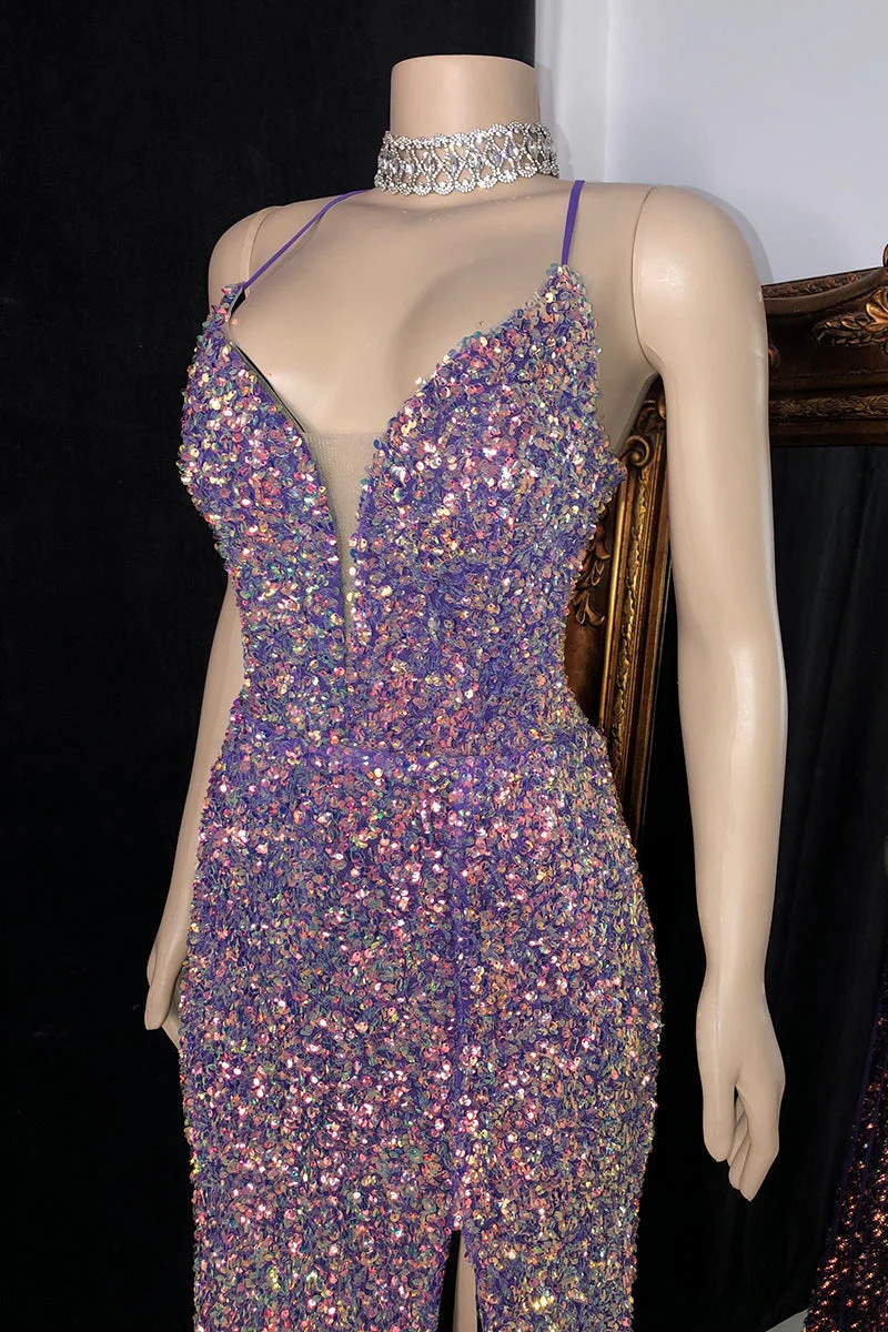 Glittering Spaghetti-Straps Sequins Prom Dress Mermaid Sleeveless With Slit - Image 2