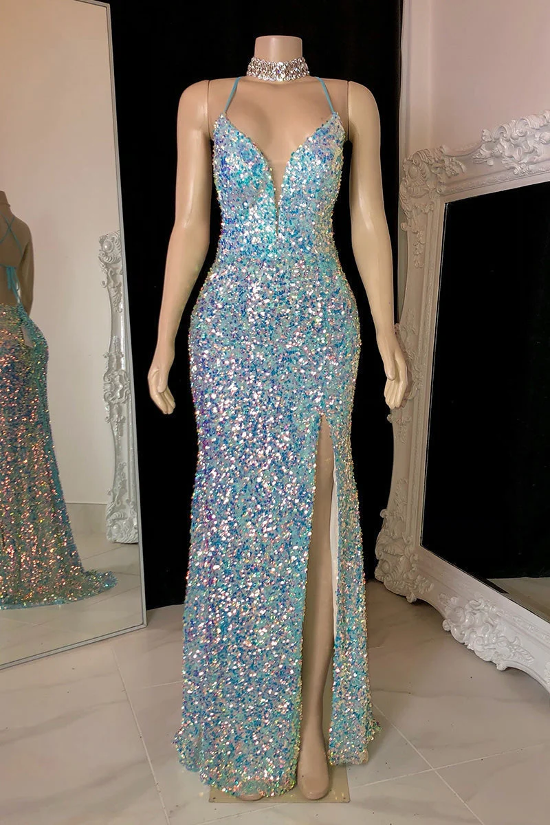 Glittering Spaghetti-Straps Sequins Prom Dress Mermaid Sleeveless With Slit - Image 3