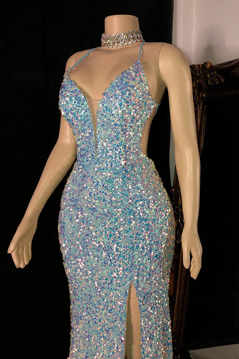 Glittering Spaghetti-Straps Sequins Prom Dress Mermaid Sleeveless With Slit - Image 4