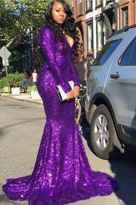 Glittering V-neck Long Sleevess Sequins Mermaid Prom Dresses - Image 2