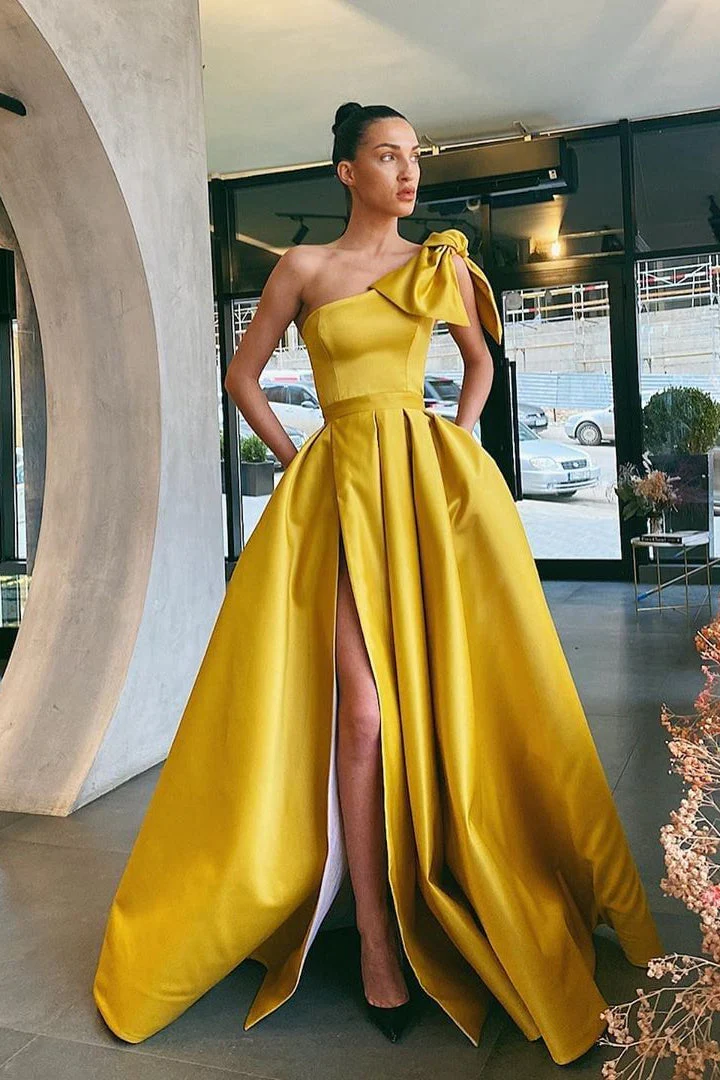 Glorious One Shoulder Yellow Prom Dress Split Long With Pockets - Image 2