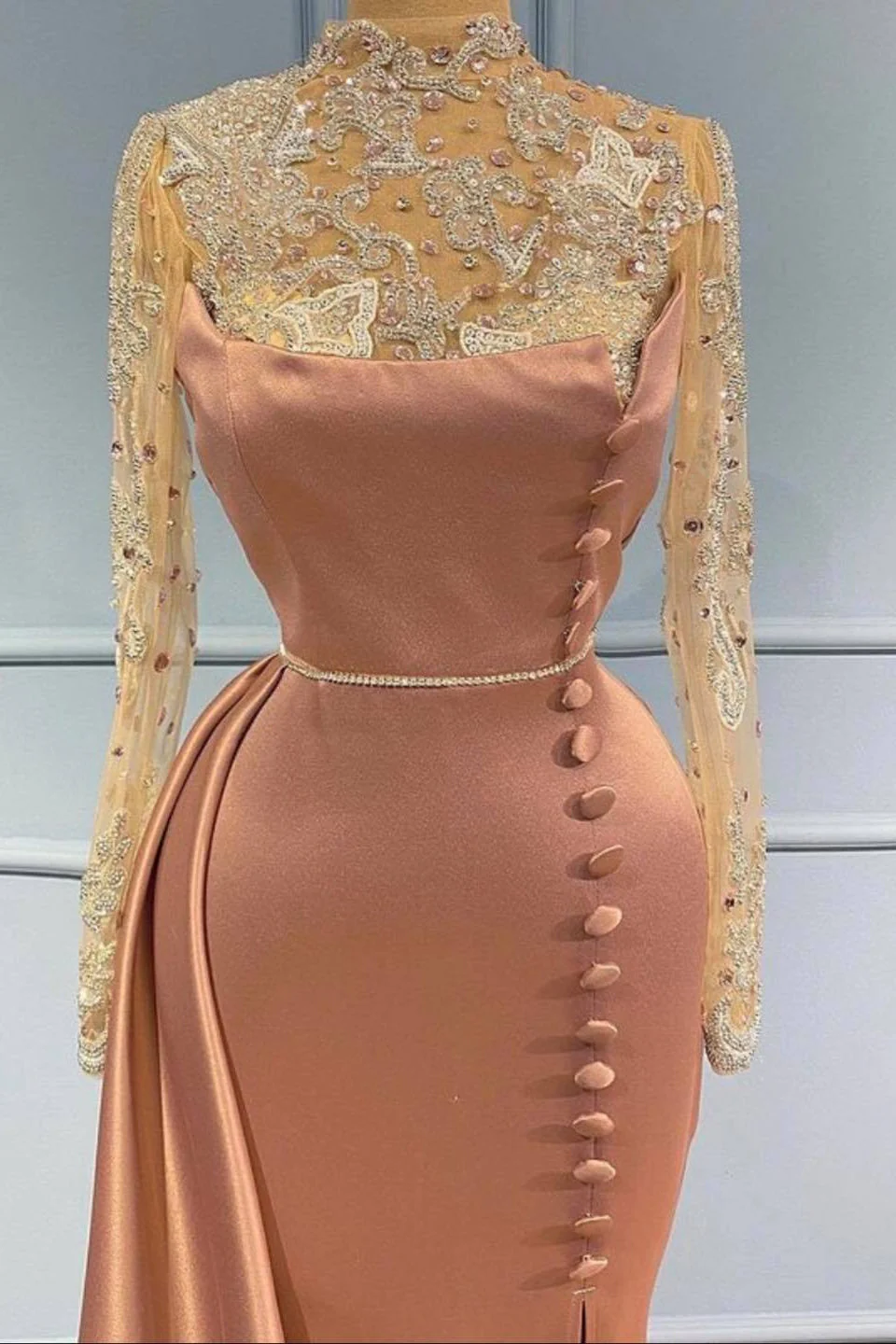 Goegeous Long Sleeves Mermaid Evening Dress Lace High-Neck With Buttons - Image 2