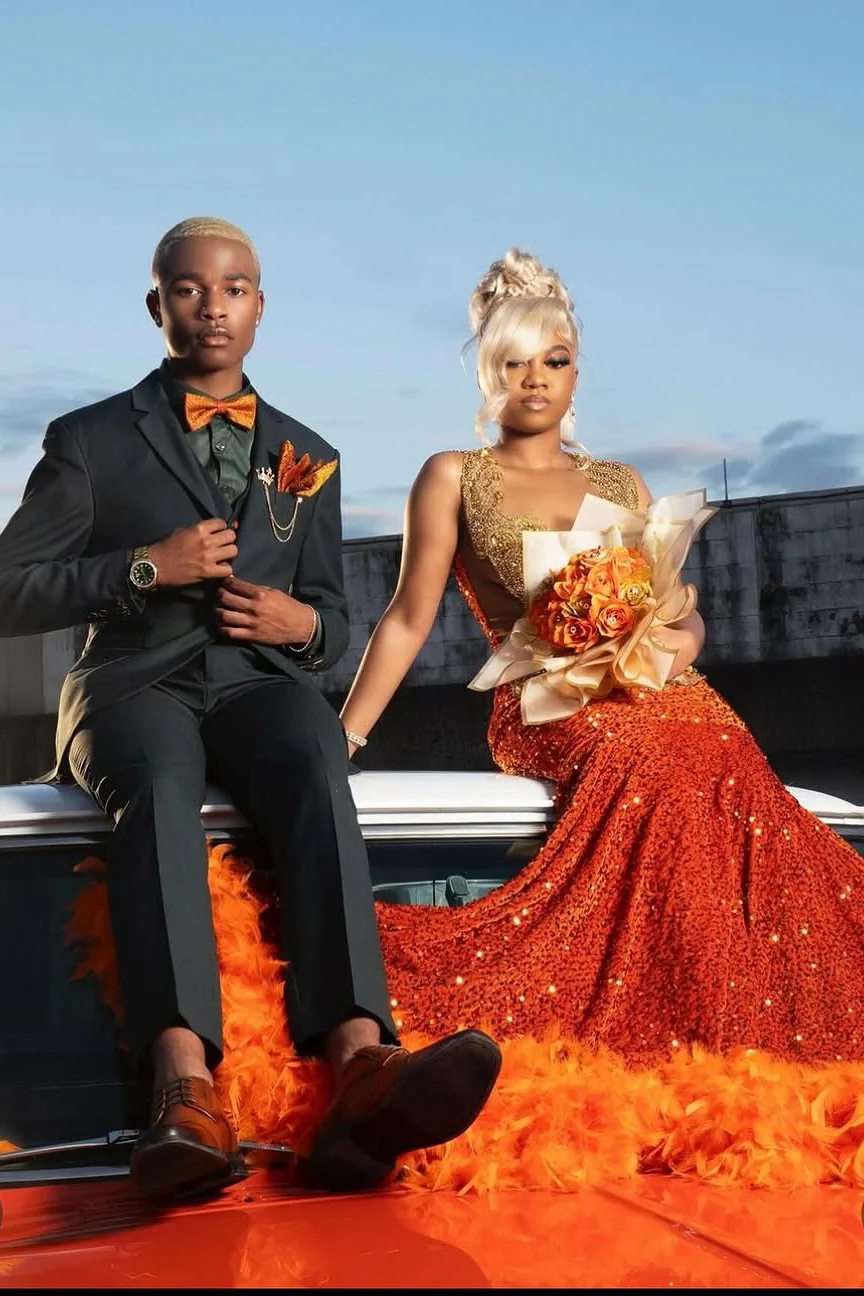 Gold appliques Orange Feathers Sequin Mermaid Long Prom Dresses - Image 3