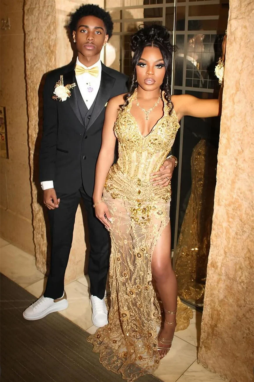 Gold Beaded Halter Mermaid High Split Floor length Prom Dresses - Image 3