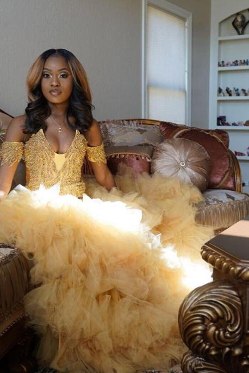 Gold Beads Appliques Fit and Flare Prom Dresses Off-the-Shoulder Tulle Ruffles Evening Gowns - Image 2