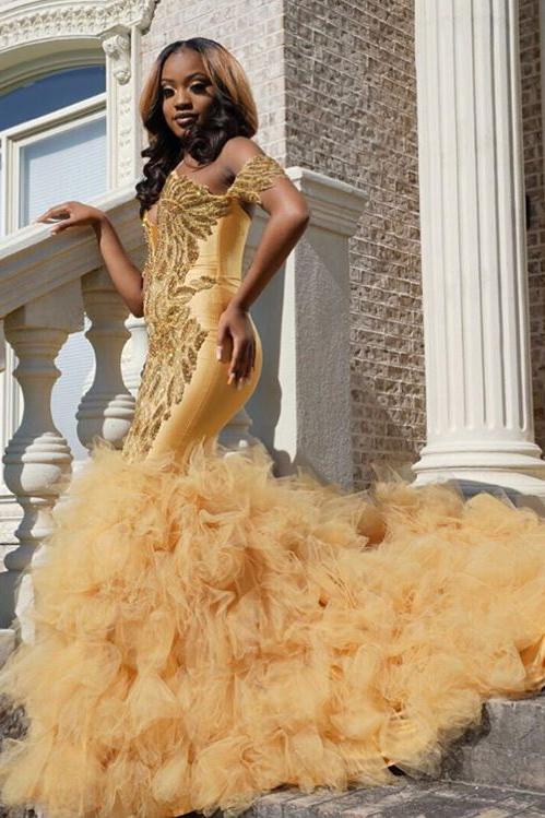 Gold Beads Appliques Fit and Flare Prom Dresses Off-the-Shoulder Tulle Ruffles Evening Gowns - Image 3