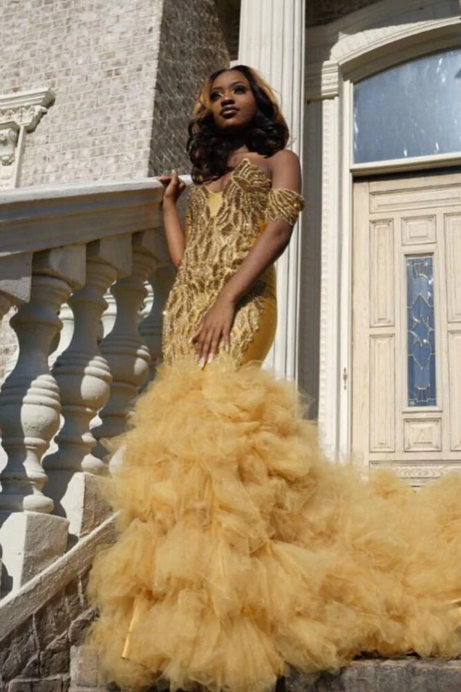 Gold Beads Appliques Fit and Flare Prom Dresses Off-the-Shoulder Tulle Ruffles Evening Gowns - Image 4