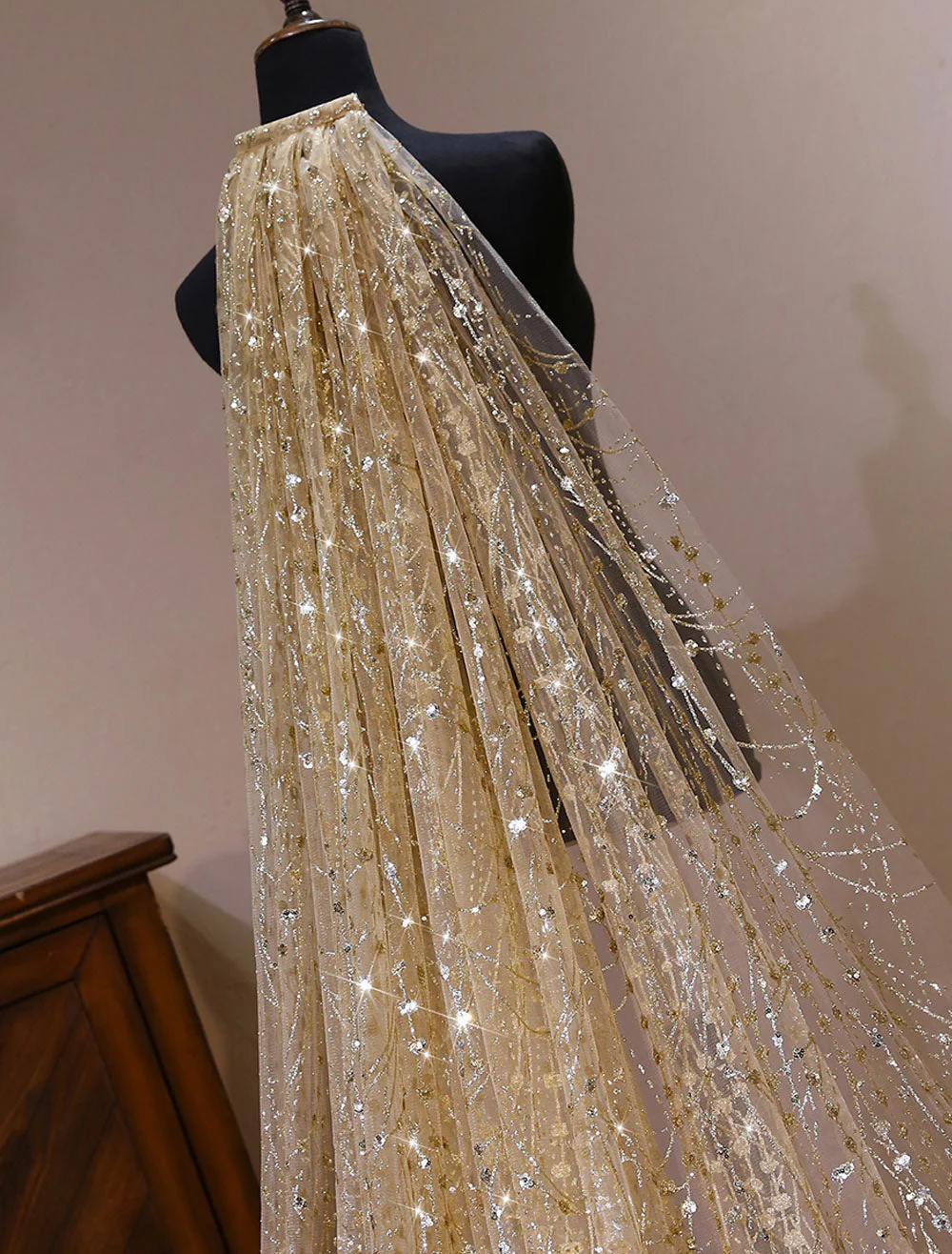 Champagne Cathedral Lace Sparkling Waterfall One Tier Cut Edge Wedding Veils - Image 3