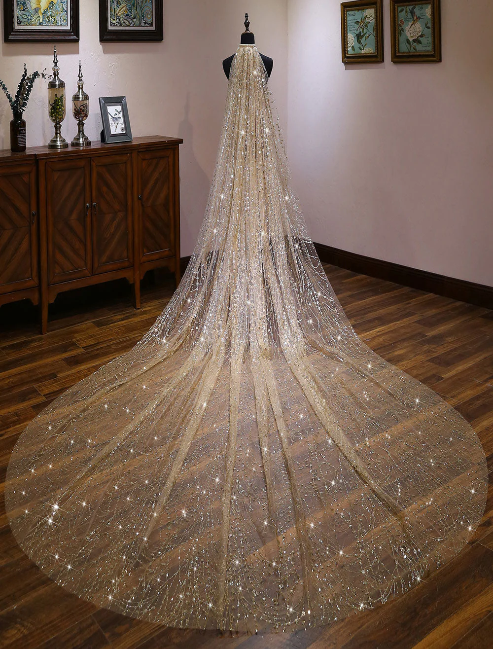 Champagne Cathedral Lace Sparkling Waterfall One Tier Cut Edge Wedding Veils - Image 4