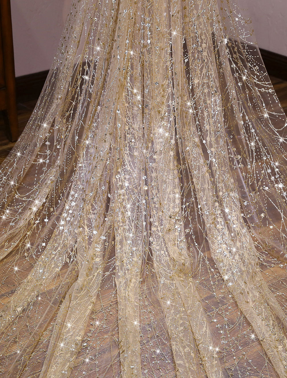 Champagne Cathedral Lace Sparkling Waterfall One Tier Cut Edge Wedding Veils - Image 5