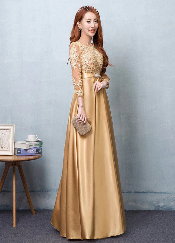 Gorgeous Gold Evening Dress Satin evening dress Lace Applique Wedding Guest Dresses Sash A Line Maxi Mother's Dress wedding guest dress - Image 2