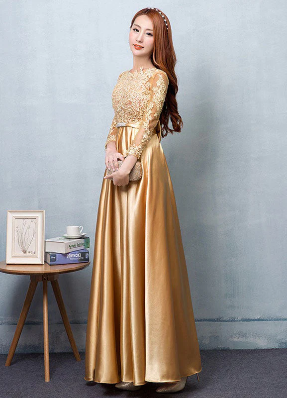 Gorgeous Gold Evening Dress Satin evening dress Lace Applique Wedding Guest Dresses Sash A Line Maxi Mother's Dress wedding guest dress - Image 3