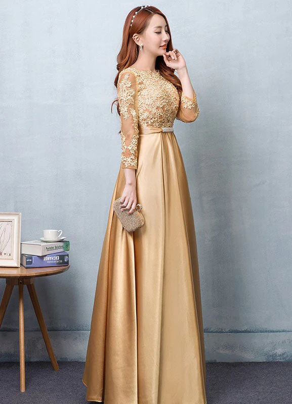 Gorgeous Gold Evening Dress Satin evening dress Lace Applique Wedding Guest Dresses Sash A Line Maxi Mother's Dress wedding guest dress - Image 4