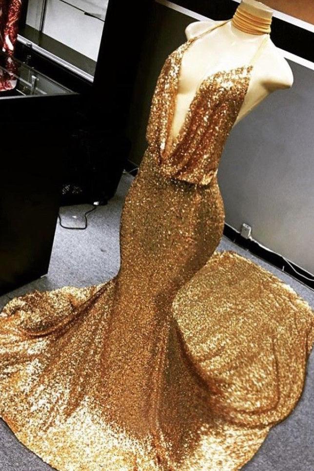 Gold Halter V-neck Mermaid Charming Sequined Deep Flow Neck Prom Party Gowns - Image 2