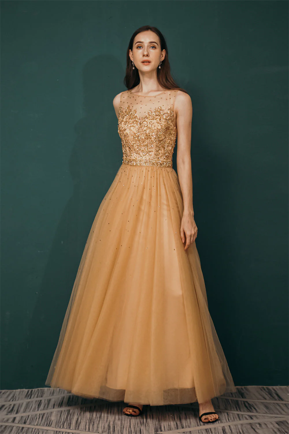Gold Illusion neck Beaded Appliques Prom Dress - Image 2