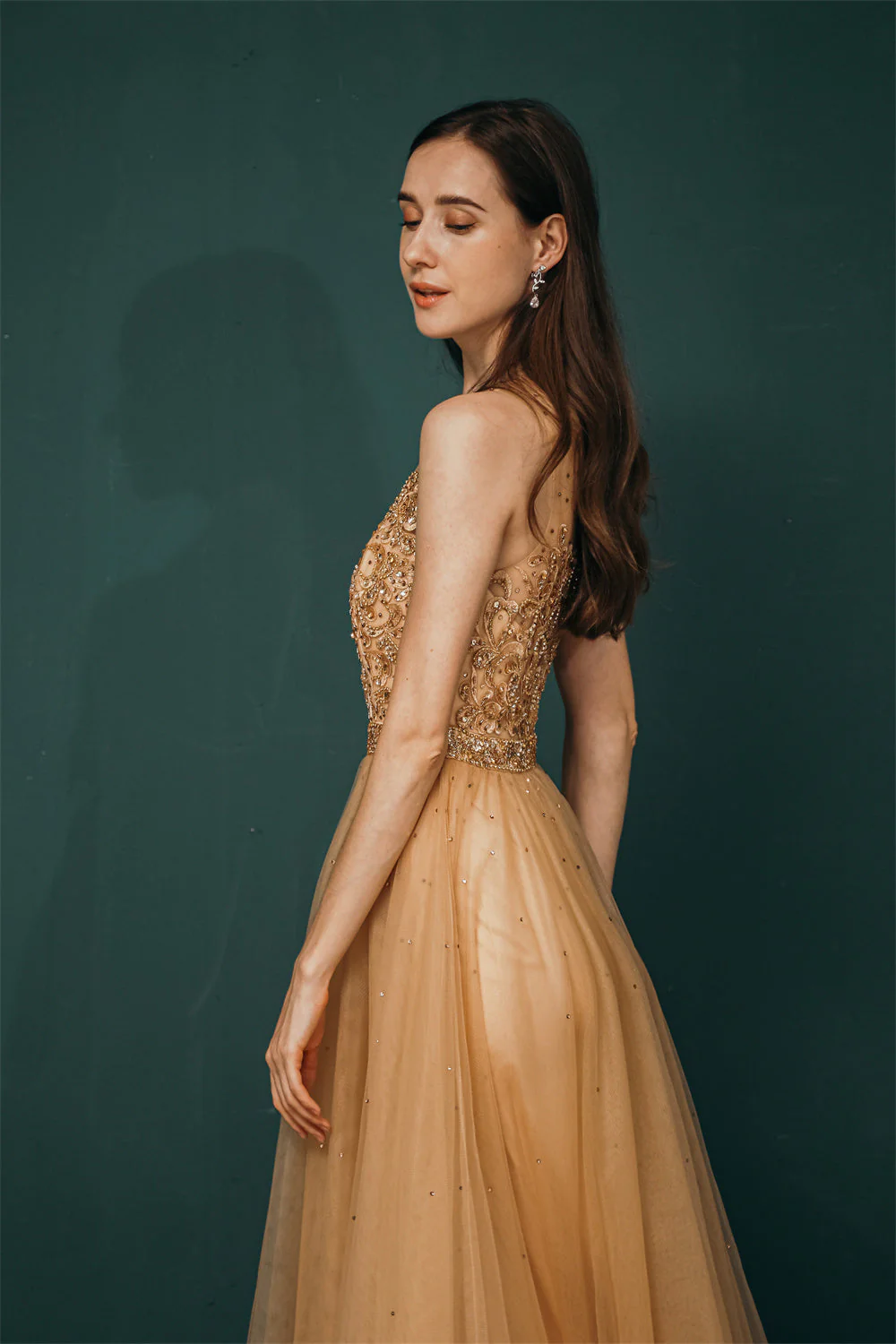 Gold Illusion neck Beaded Appliques Prom Dress - Image 3