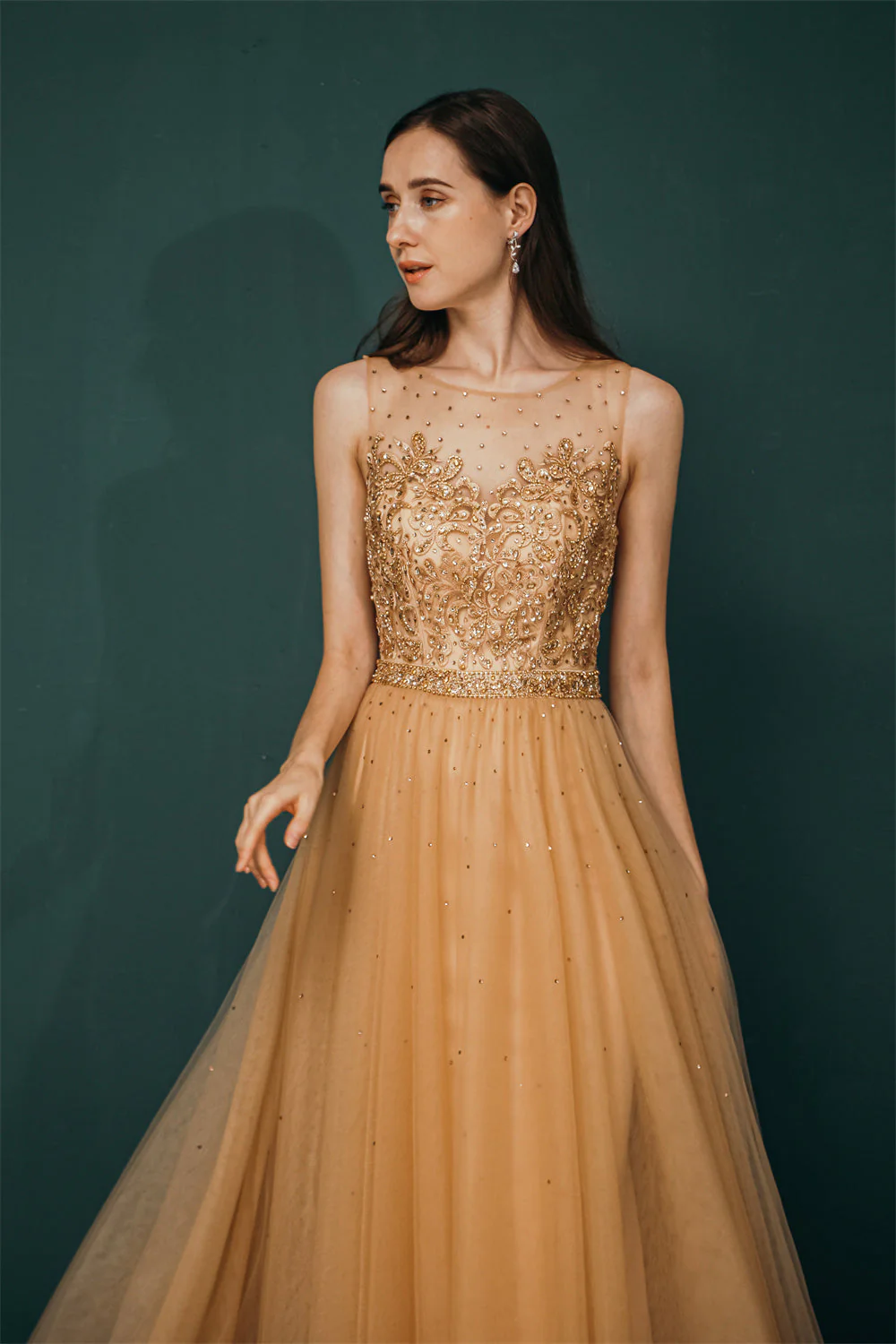 Gold Illusion neck Beaded Appliques Prom Dress - Image 4