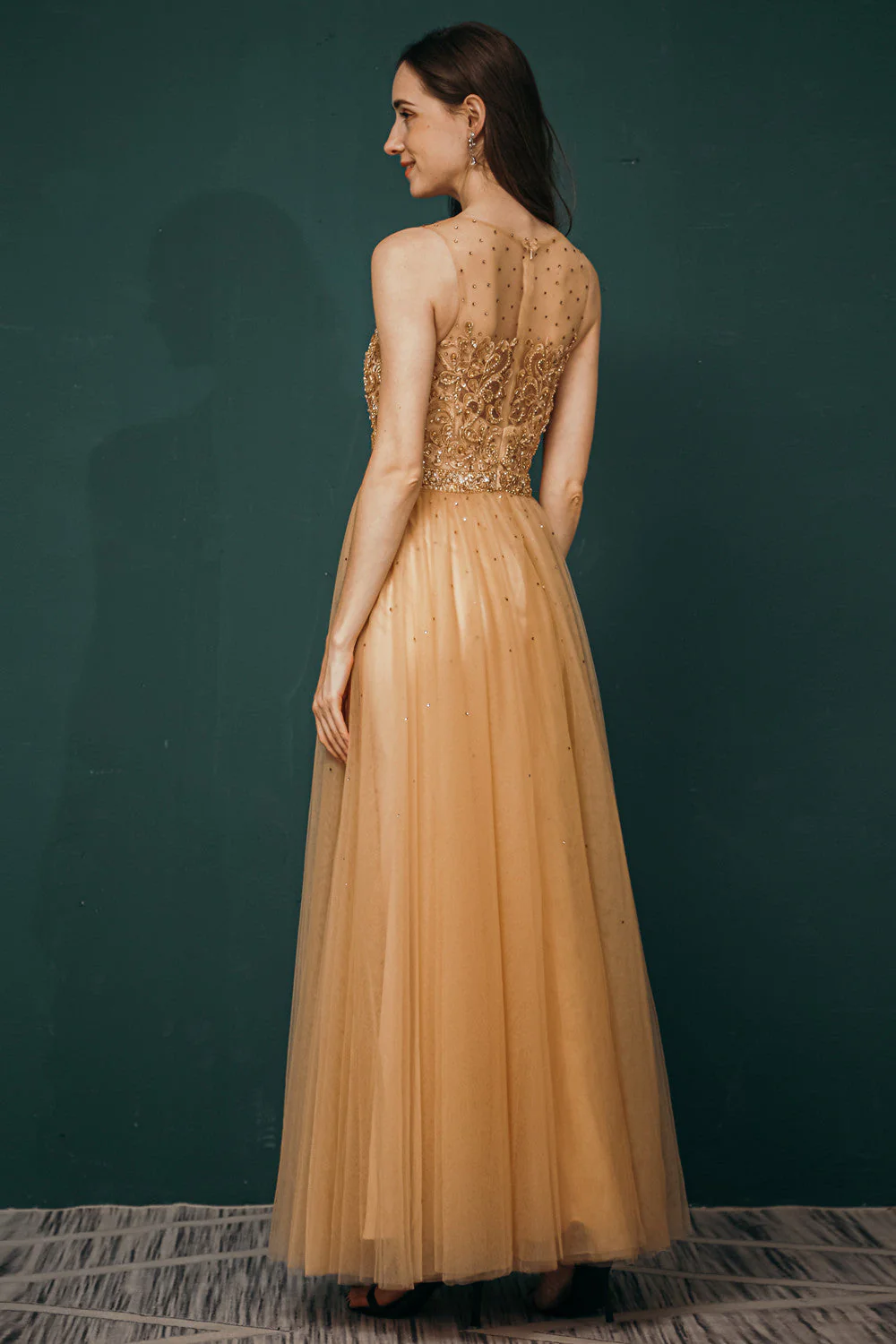 Gold Illusion neck Beaded Appliques Prom Dress - Image 5
