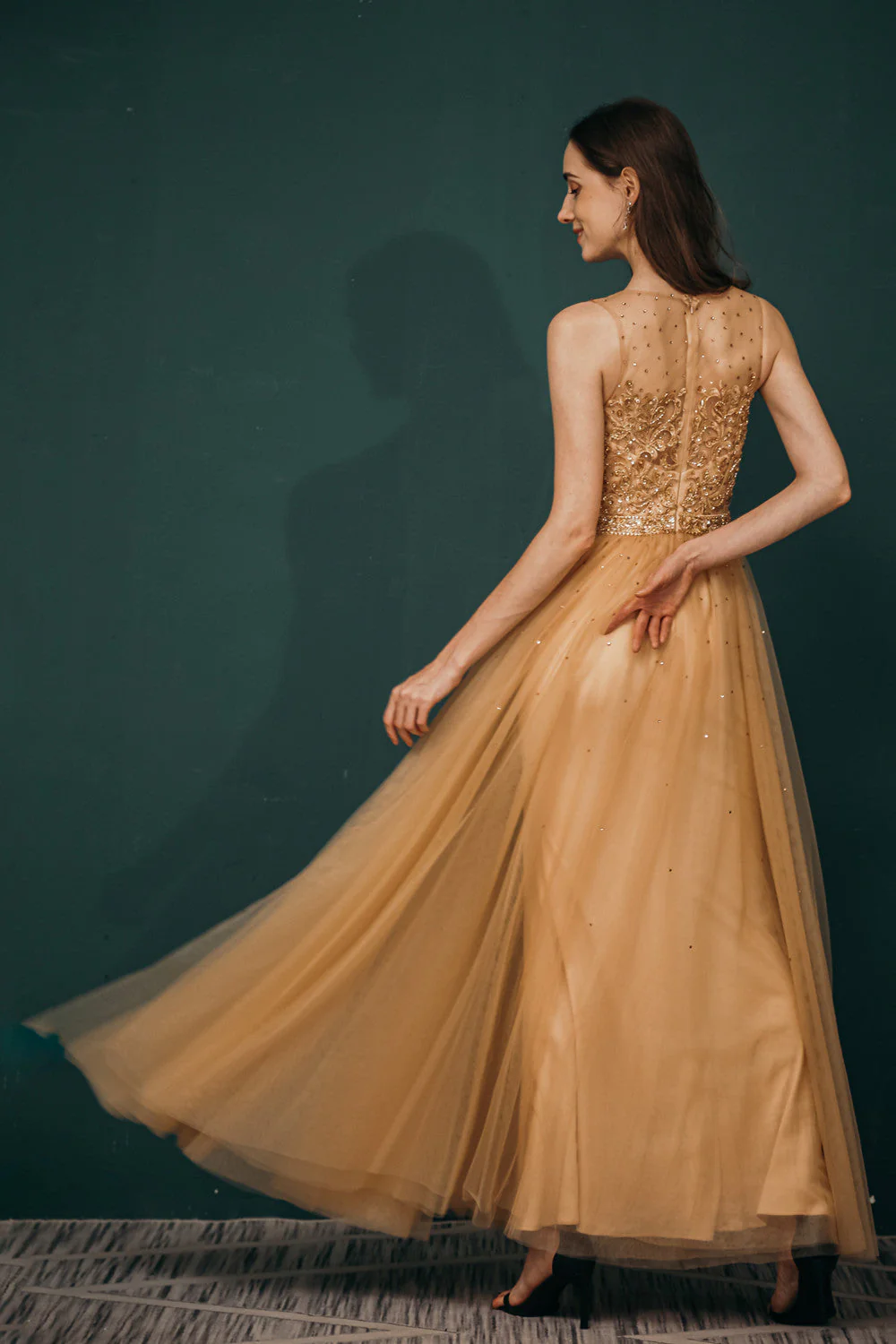 Gold Illusion neck Beaded Appliques Prom Dress - Image 6