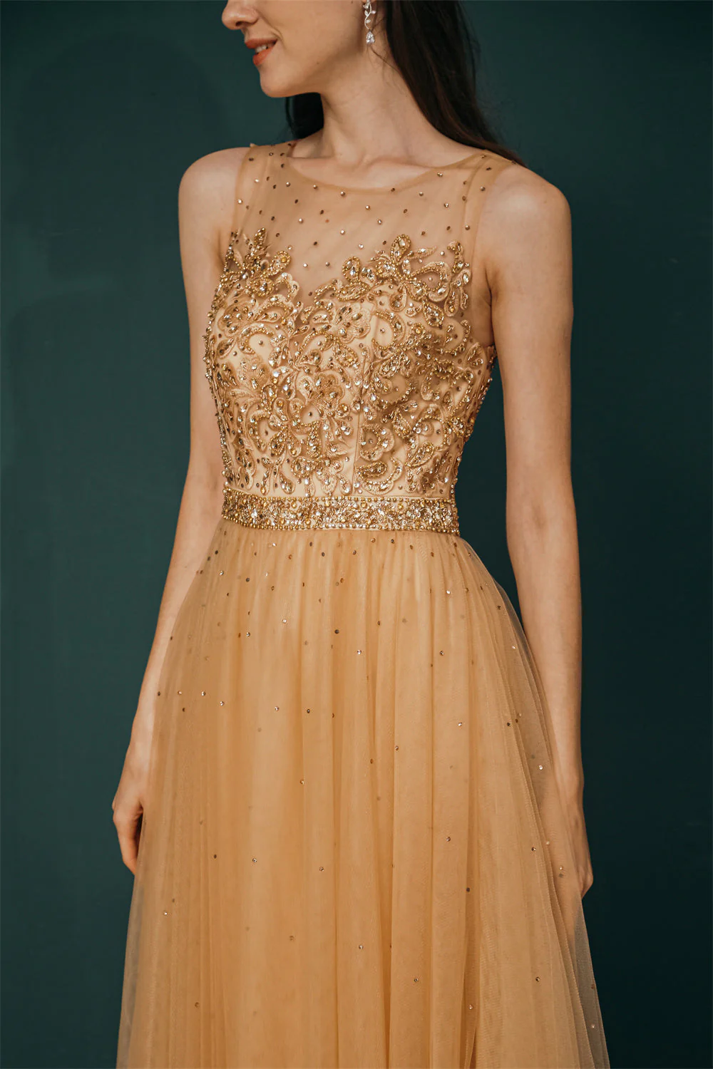 Gold Illusion neck Beaded Appliques Prom Dress - Image 7