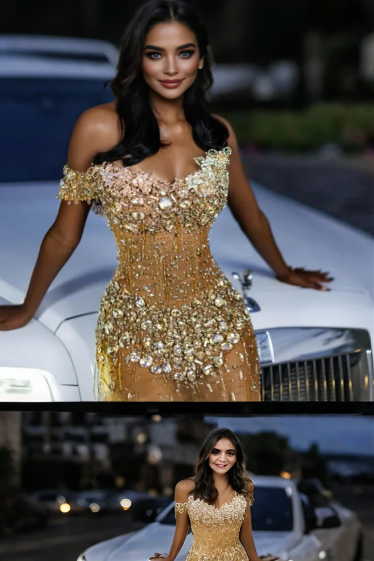 Gold Off Shoulder Sweetheart Silver Gems Floor length Prom Dress - Image 5