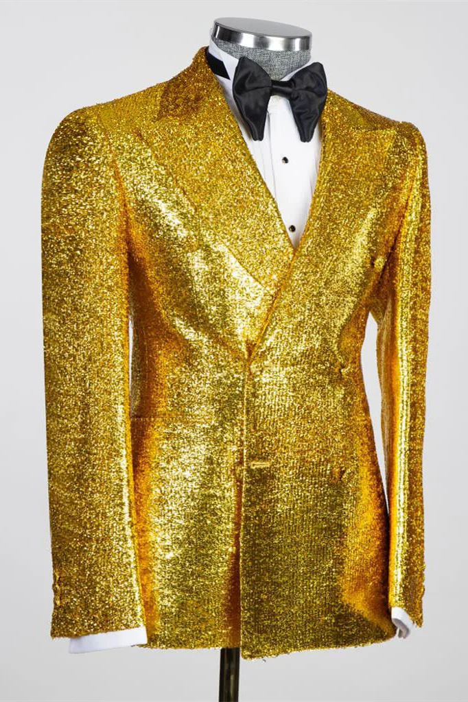 Gold Sequin Peaked Lapel Double-Breasted Prom Suit - Image 2