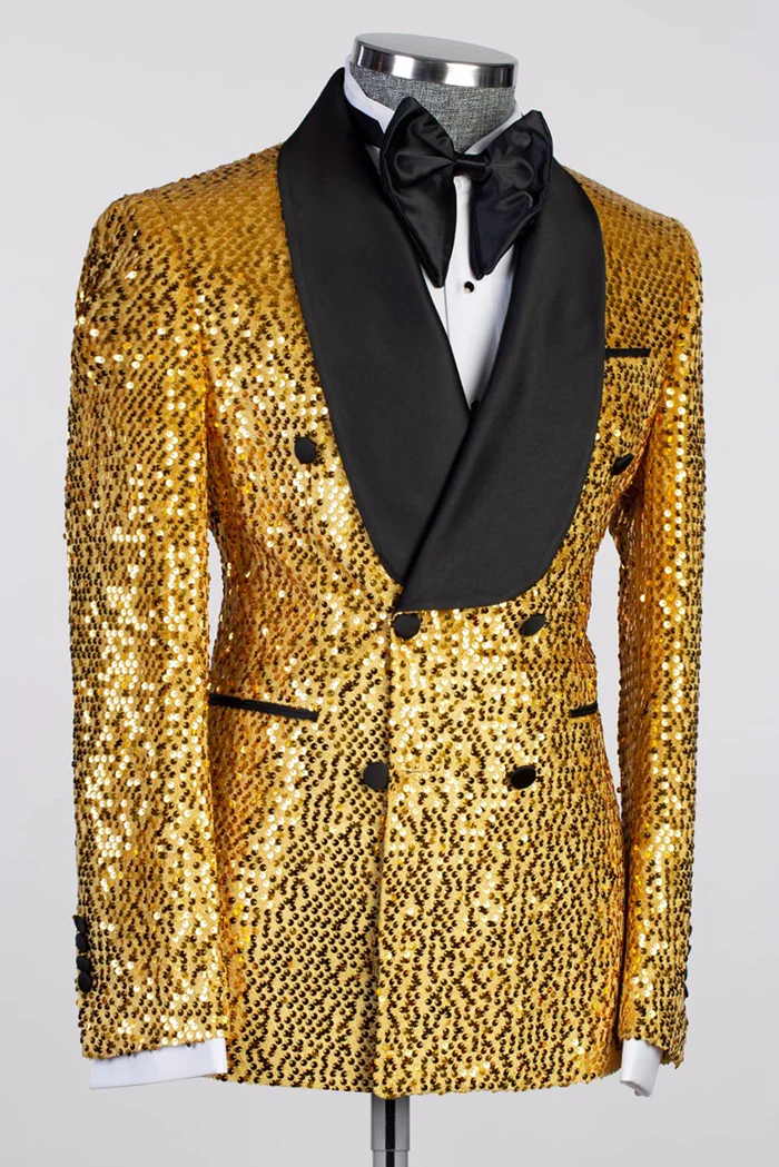 Gold Sequin Shawl Lapel Double-Breasted Prom Suit - Image 2