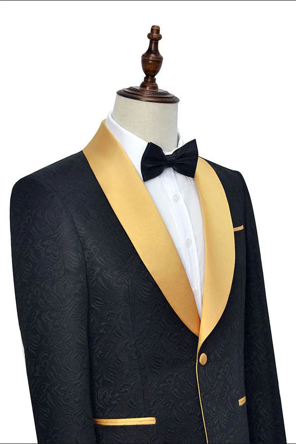 Gold Shawl Lapel One Button Wedding Tuxedo Black Jacquard Marriage Suits - Image 3