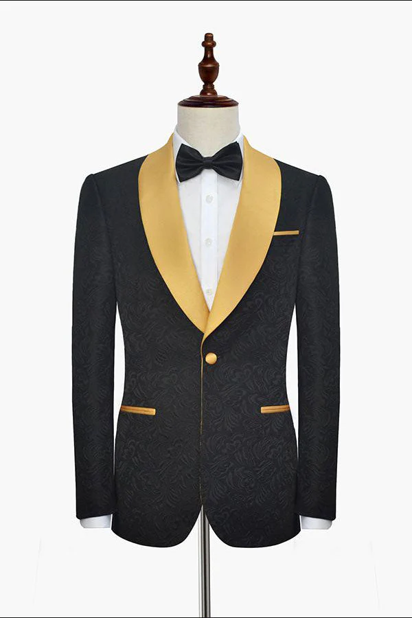 Gold Shawl Lapel One Button Wedding Tuxedo Black Jacquard Prom Suits - Image 2