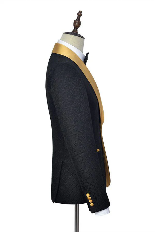 Gold Shawl Lapel One Button Wedding Tuxedo Black Jacquard Prom Suits - Image 4