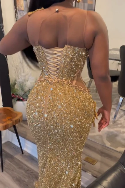 Gold Sleeveless Flowers Sequin Column Floor length Sparkle Prom Dresses - Image 4