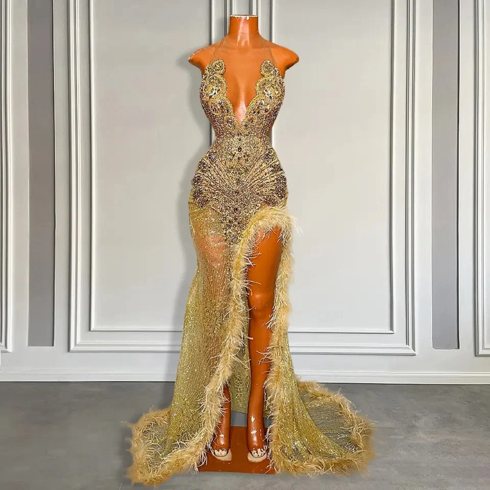 Gold Sleeveless Mermaid Prom Dress with Sequins High Slit and Feather Beadings - Image 2