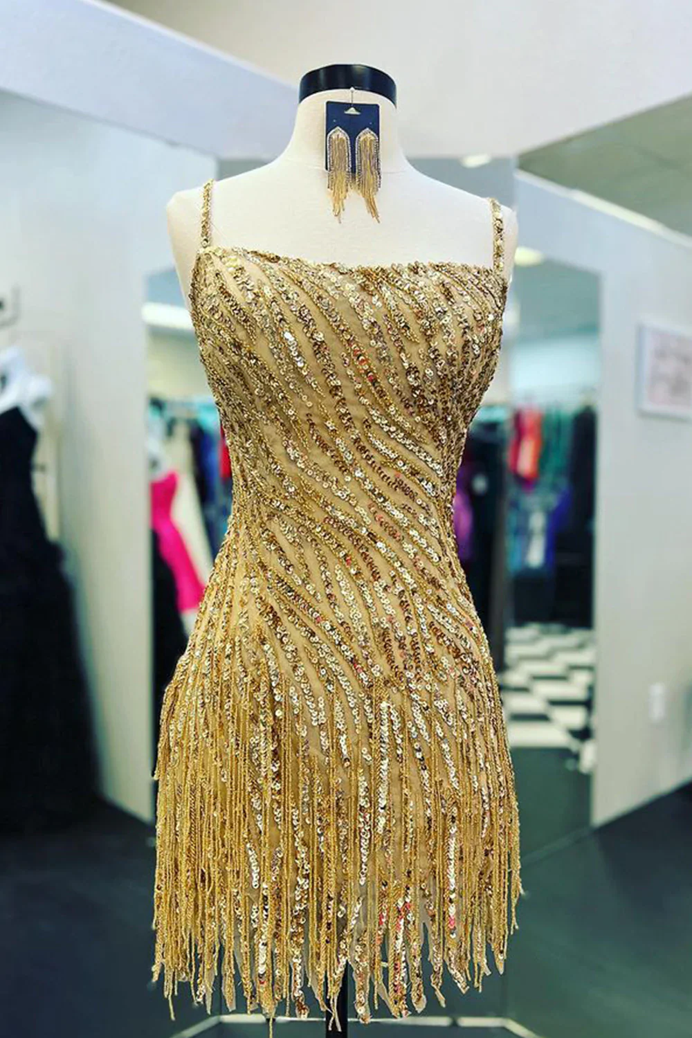 Gold Sparkle Tassels Lace-up Back Short Homecoming Dresses - Image 3