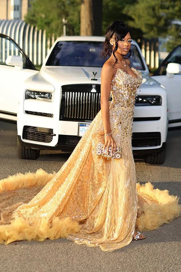 Gold Sweetheart Beaded Sparkles Court Train Flowers Prom Dresses - Image 2