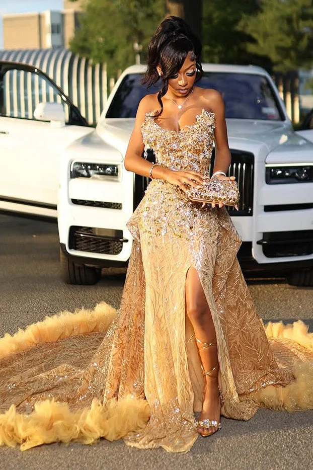 Gold Sweetheart Beaded Sparkles Court Train Flowers Prom Dresses - Image 4