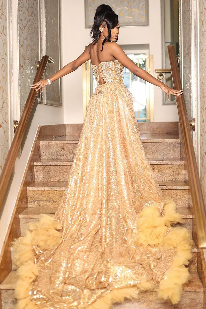 Gold Sweetheart Beaded Sparkles Court Train Flowers Prom Dresses - Image 5