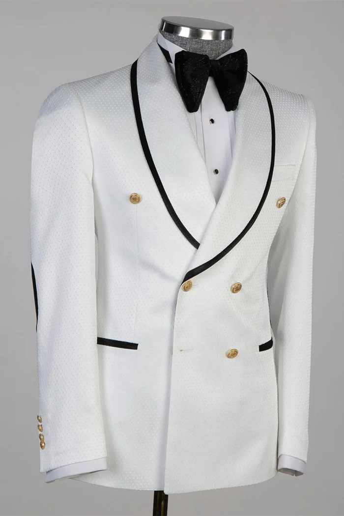 Golden Button White Wedding Suit with Black Edge - Image 2