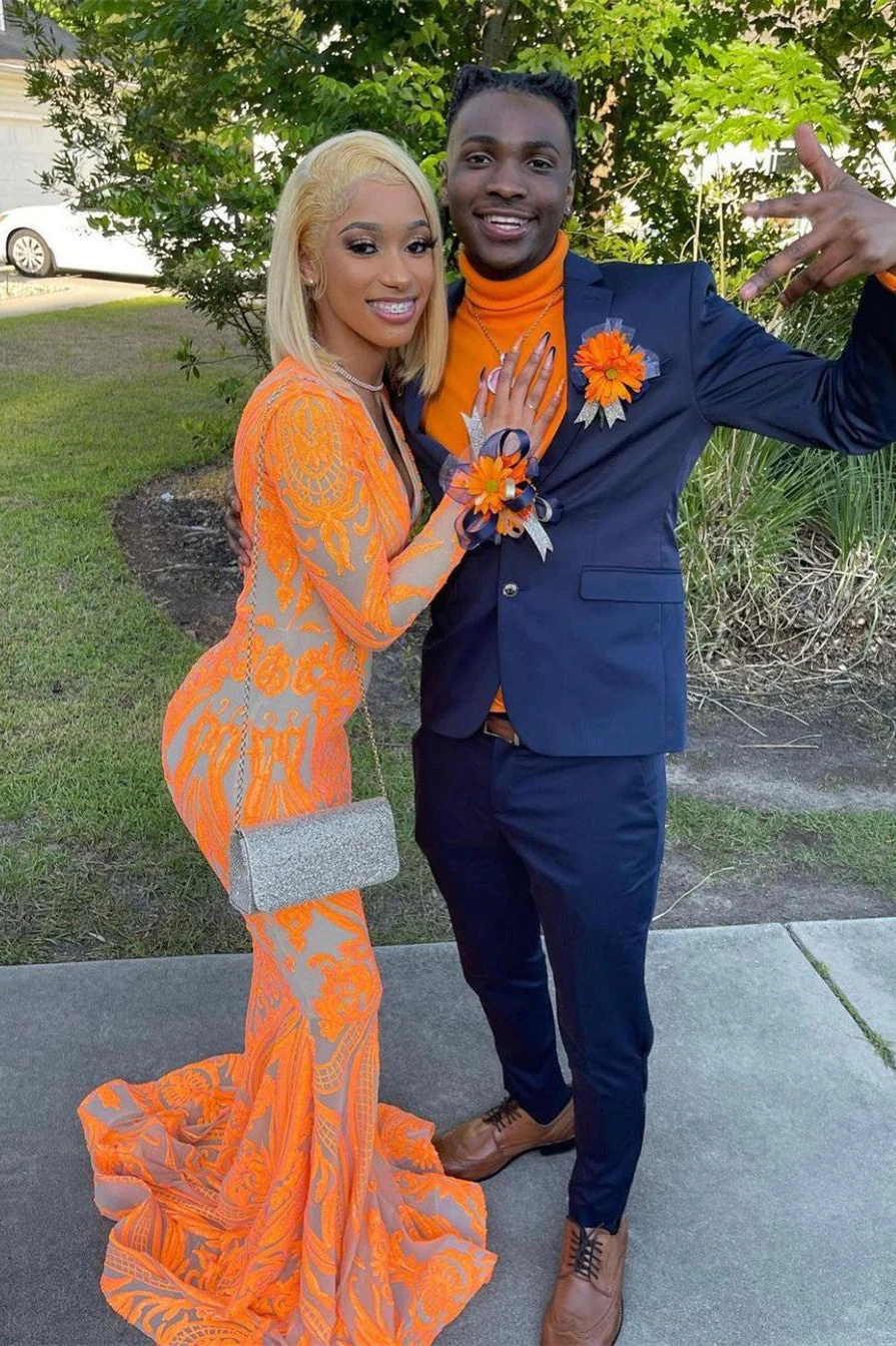 Gorgeous Mermaid V-neck Orange Sparkle Prom Dresses - Image 2