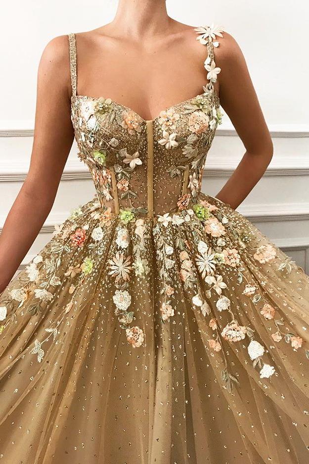 Gorgeous A-line Spaghetti Straps Flower Prom Dresses - Image 3