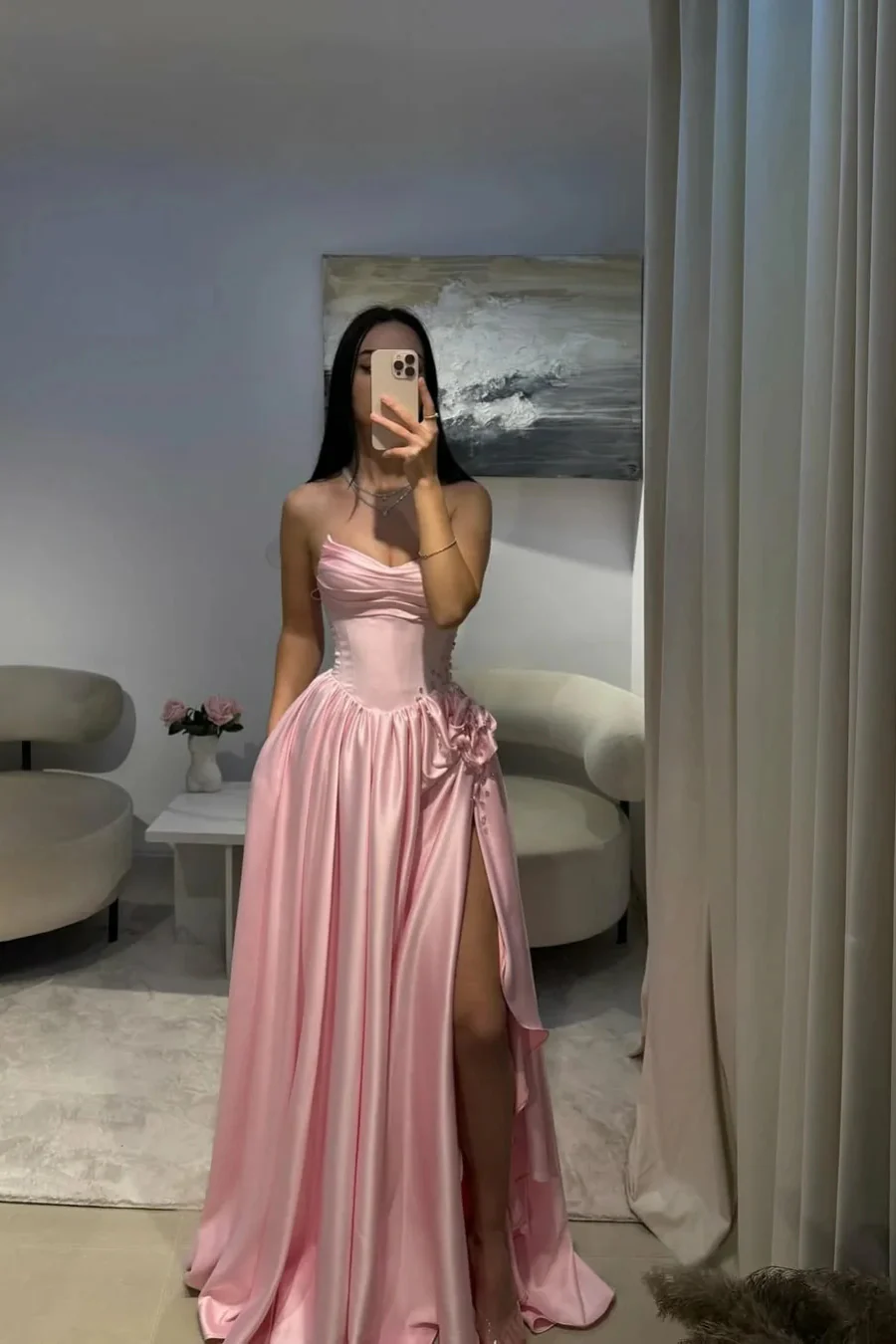 Gorgeous Baby Pink Sweetheart Satin Prom Dresses Sleeveless High Slit Gem With Pleats - Image 2