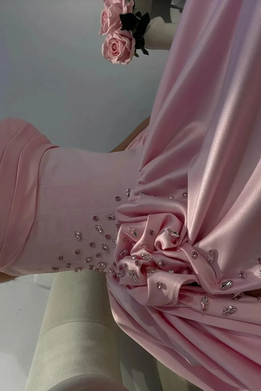 Gorgeous Baby Pink Sweetheart Satin Prom Dresses Sleeveless High Slit Gem With Pleats - Image 3