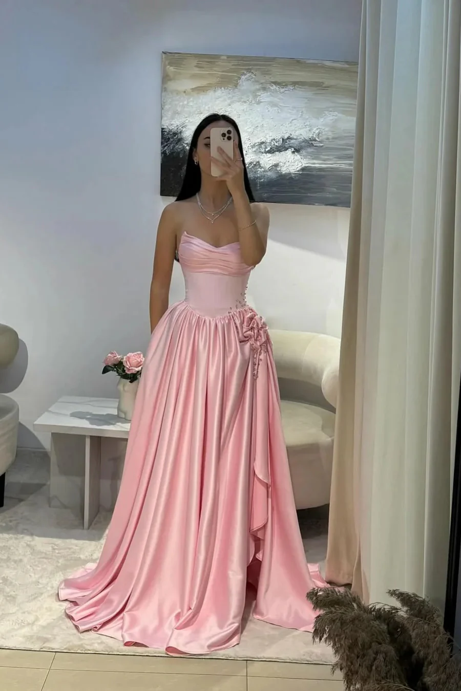 Gorgeous Baby Pink Sweetheart Satin Prom Dresses Sleeveless High Slit Gem With Pleats - Image 4