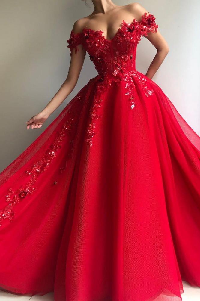 Gorgeous Ball Gown Off-the-Shoulder Applique Flowers Evening Dresses - Image 2