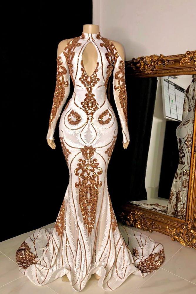 Gorgeous Beading Sequins Keyhole Neckline Cold Shoulder Long Sleevess Mermaid Formal Gowns - Image 2