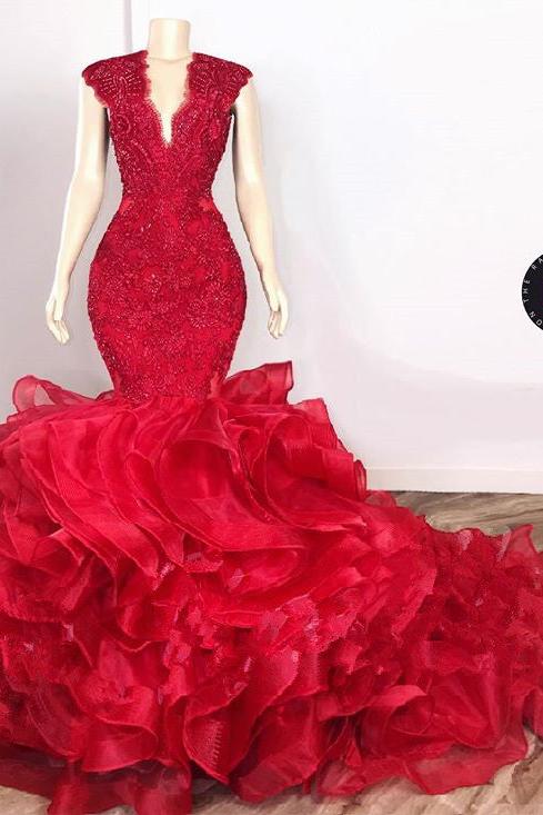 Gorgeous Beads Appliques Red Prom Dresses Ruffles Fit and Flare Alluring Evening Gowns - Image 2